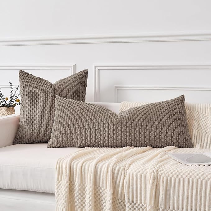 Kevin Textile 20x54 Inch Long Body Lumbar 1 Pack Boho Decorative Throw Pillow Cover Soft Striped Corduroy Rectangle Cushion Case Farmhouse Accent for Living Room Couch Sofa Bed, Light Brown