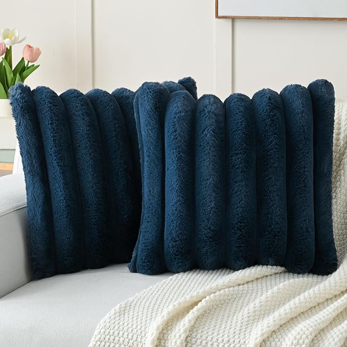 FUTEI Navy Blue Decorative Throw Pillow Covers 20x20 Inch Set of 2, Square Soft Faux Rabbit Fur Thick Striped Cushion Cover,Spring Home Decor for Couch Bed Living Room