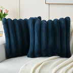 FUTEI Navy Blue Decorative Throw Pillow Covers 18x18 Inch Set of 2, Square Soft Faux Rabbit Fur Thick Striped Cushion Cover,Spring Home Decor for Couch Bed Living Room