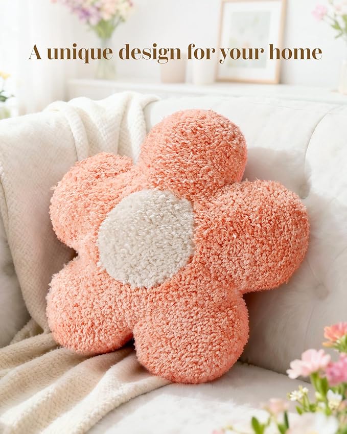 Flower Throw Pillow - Cute Decorative Plush Daisy Shaped Throw Pillow for Couch, Sofa, or Living Room, 14.2" x 14.2" Soft Stuffed Cushion for Home Decor