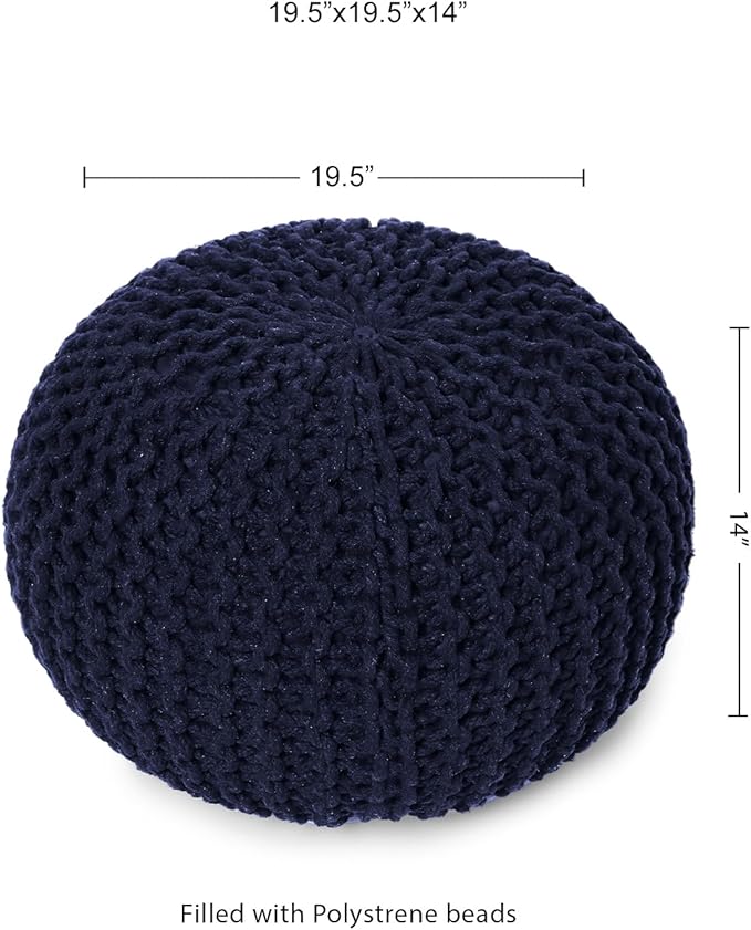 REDEARTH · Round Pouf Foot Stool Bean Bag Ottoman - Cable Knitted Cord Boho Pouffe - Poof Accent Bean Bag - Handmade by Artisans for Living Room - Bedroom (19.5"x19.5"x14") - Navy Blue