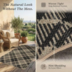 JTJ Vintage Indoor Entrance 2x4 Runner Rug - Easy Jute Woven Throw Rug for Indoor Outdoor Area, Non Slip Washable Kitchen Mat, Low Pile Black and White Geometric Aesthetic Decor