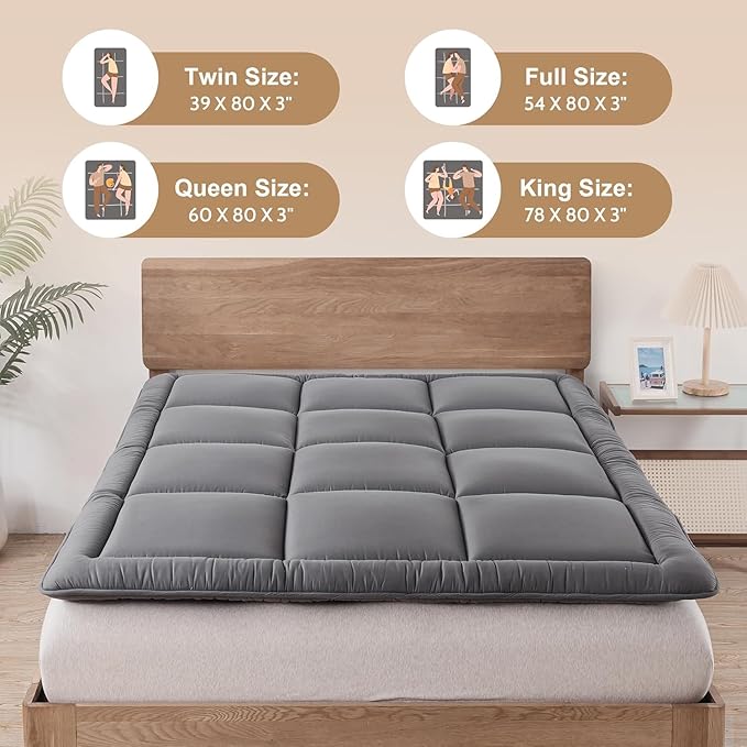 WhatsBedding Japanese Floor Mattress Futon Mattress 3" Grey Tatami Mat Shredded Memory Foam Filled Sleeping Pad, Foldable & Portable Roll Up Lounger Camping Bed for Kids and Adult,Full Size 54"x 80"