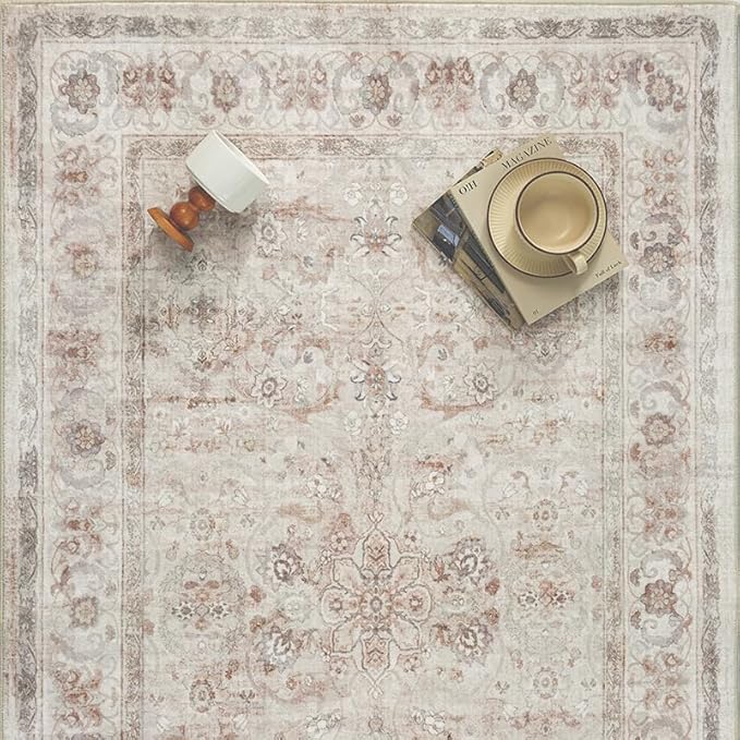 6x9 Area Rug Beige Washable Vintage Living Room Carpet Bedroom Large Indoor Non Slip Soft Low Pile Thin Stain Resistant Distressed Accent Throw Rug for Dining Office Nursery