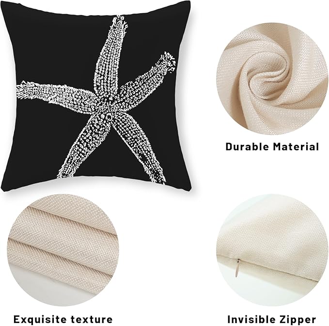 Coastal Pillow Covers 16x16 Set of 2 Black Starfish Throw Pillows Nautical Ocean Decorations Summer Beach Coral Pillowcase Outdoor Decor Linen Farmhouse Square Cushion Case for Sofa Bedroom