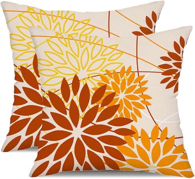DFXSZ Brown Yellow Fall Pillow Cover 16X16 Inch Set of 2 Outdoor Waterproof Floral Brown Decorative Pillowcase Decor for Couch Patio Funiture Garden Print Polyester Cushion Cover 01M16