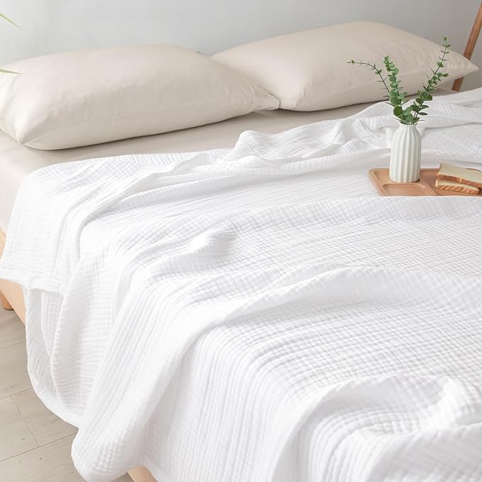 PHF 100% Cotton Muslin Blanket Twin XL Size 66"x90", 4-Layer Lightweight Gauze Throw, Breathable Cloud-Soft Minimalist Blanket for Bed, Couch, Camping & Baby, White, Ideal Gift