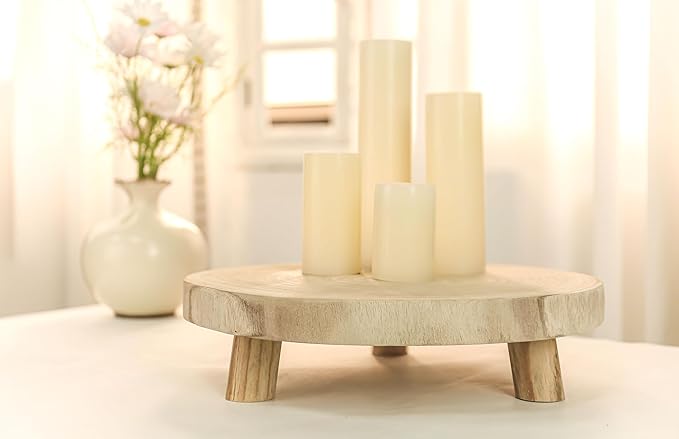 CYS EXCEL 2 Pcs Wooden Plant Stands Modern Raised Display Risers for Indoor Planters Round Natural Wood Slice Pedestals with Short Legs for Tabletop Decor Rustic Boho Home Accent, 13 Inch Diameter