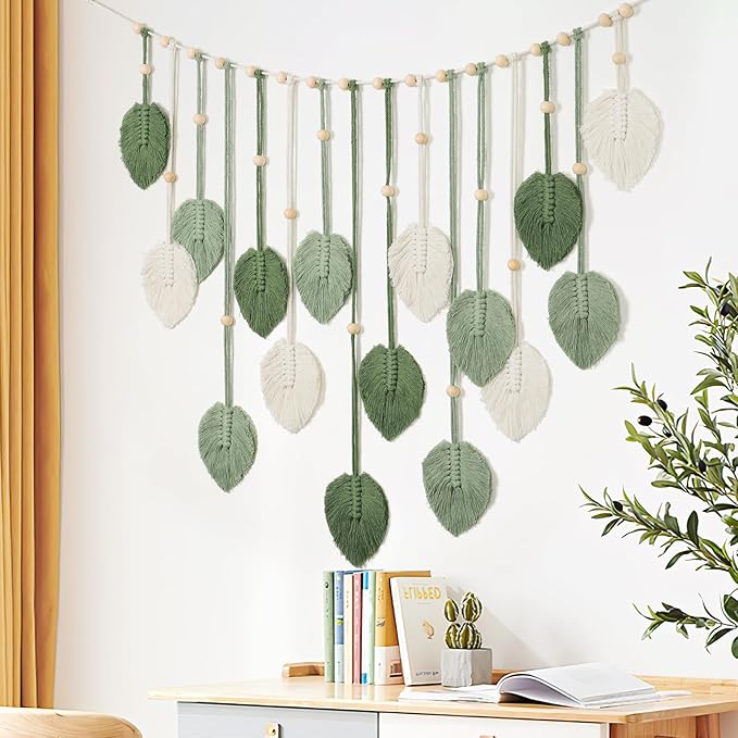 Betylifoy Macrame Wall Hanging Large Macrame Leaves Tapestry Wall Hanging Decoration Boho Handmade Woven Leaf Feather Wall Art Decor for Nursery Bedroom Living Room Office Christmas Thanksgiving Decor, 29 X 51 Inch (Green)