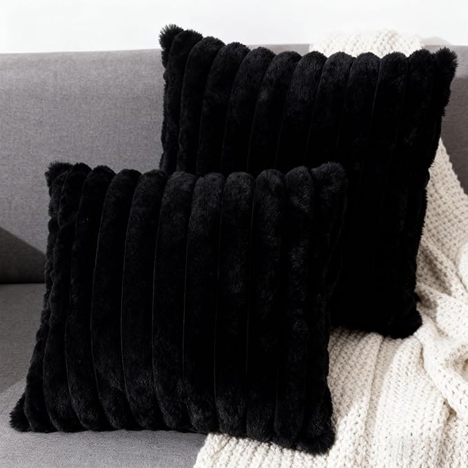 2 Pack 20x20 Double-Sided Faux Fur Pillow Covers, Plush Throw Pillow Covers for Living Room Decorations Throw Pillow Case, Throw Pillow Cover Cushion Cover for Home Sofa Car, Black