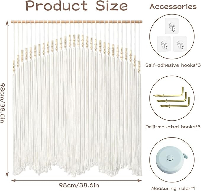 Betylifoy Macrame Wall Hanging Large Boho Wall Decor Beige Macrame Tapestry with Wooden Beads Cotton Rope Bohemian Handmade Woven Wall Art Decor for Bedroom Living Room Apartment Dorm Backdrop