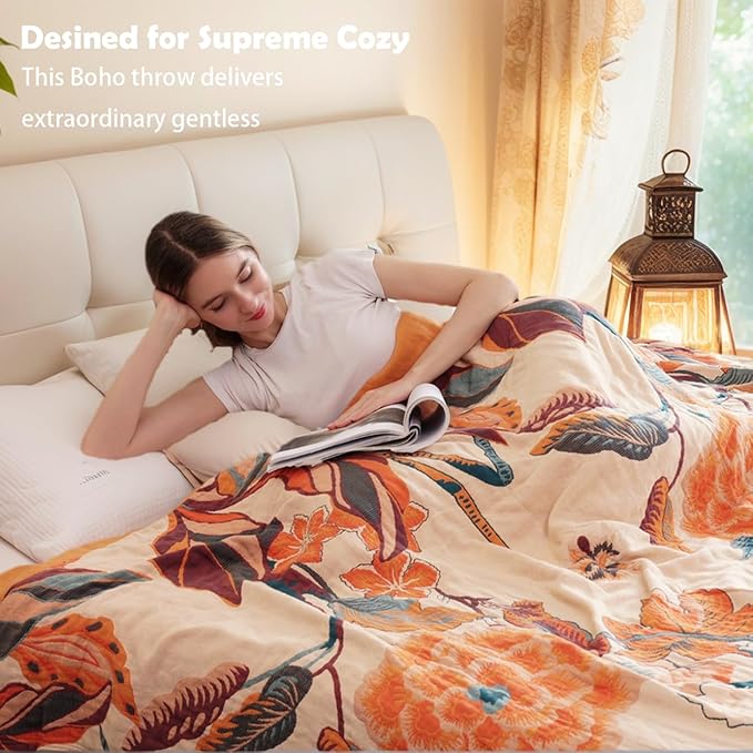 Boho Throw Blanket, 100% Cotton Breathable Soft Bed Throw - Floral Bird Farmhouse Decor Blanket for Sofa Couch Chair Quilt and Gift. 80" x 90"- Beige