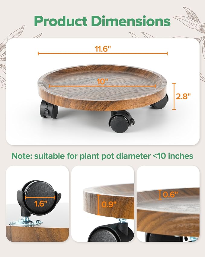 2 Pack Plant Caddy with Wheels, 12" Wood Rolling Plant Stand with 360° Lockable Wheels, Plant Stands Outdoor for Large Plants, Flower Cart Plant Dolly Plant Caster for Heavy Objects, Walnut