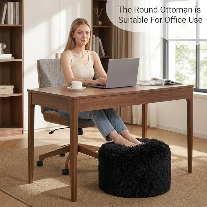 Round Pouf Ottoman Foot Rest, 17"×15" Foam Filled Foot Stool for Living Room, Lightweight Decorative Pouf Stool for Couch or Chair, Soft Modern Ottoman for Home Decor, Black