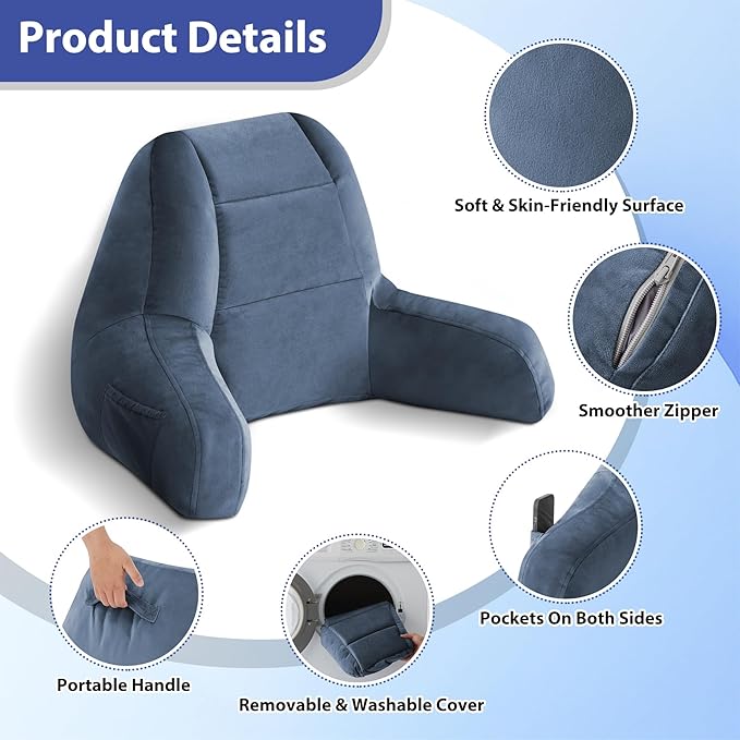 Reading Pillows for Sitting in Bed Adult, Back Pillow for Bed Sitting Up, Backrest Pillows with Shredded Foam for Adult&Teens, Support Pillow with Arms for Beds, Couch, Floor, 24in, Navy Blue