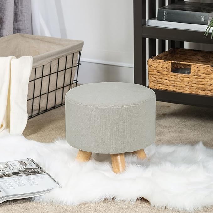 Asense Small Round Ottoman Foot Rest Stool Fabric Padded Seat Footstool Ottoman with Wooden Legs (Beige Grey,Fabric)
