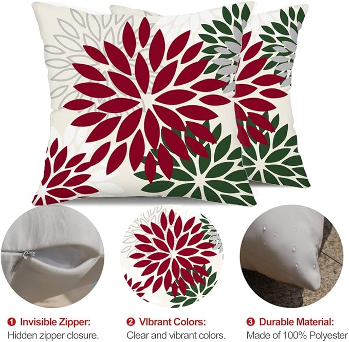 DFXSZ Wine red Dark Green Flower Pillow Covers 18x18 Inch Set of 2 Outdoor Throw Pillows Outdoor Waterproof Decor for Living Room Sofa Patio Funiture Garden Floral Polyester Pillow Covers 002W18