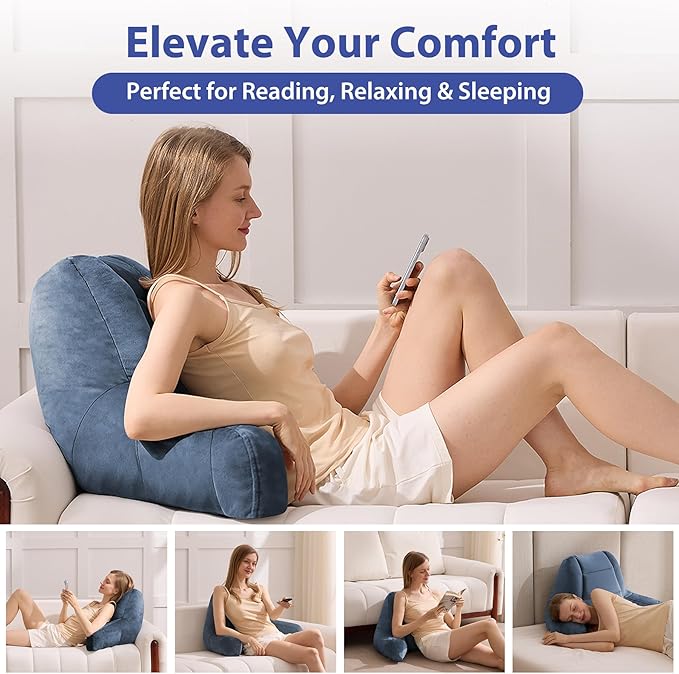 Reading Pillows for Sitting in Bed Adult, Back Pillow for Bed Sitting Up, Backrest Pillows with Shredded Foam for Adult&Teens, Support Pillow with Arms for Beds, Couch, Floor, 24in, Navy Blue
