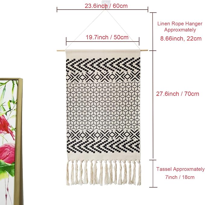 Macrame Woven Wall Tapestry Hanging Art, 20x34 Large Boho Chic Bohemian Morocco Black White Diamond Rhombus Geometric Tapestries Decor for Apartment Dorm Kids Living Room Bedroom Door Entrance
