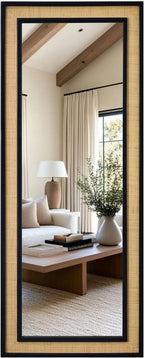 Rattan Full Length Mirror,24"x60" Long Rattan Wall Mirror,Wooden Mirror with Wicker Frame,Decorative Full Body Mirror Hanging,Farmhouse Rectangle Floor Mirror for Bathroom Living Dressing Room Black