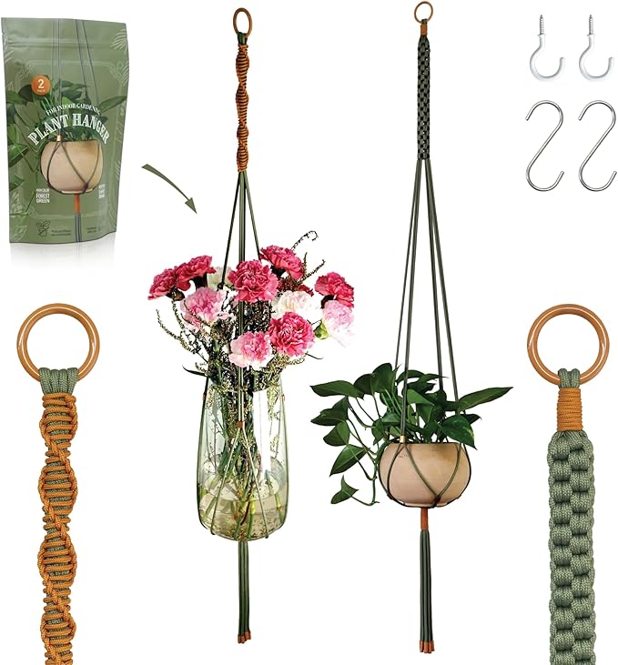 2 Packs Macrame Plant Hanger Colored Braided Polyester Rope Outdoor Indoor Adjustable Hanging Planter for up to 10 Inch Plant Pot Modern Boho Home Decor (Forest Green/Burnt Orange)