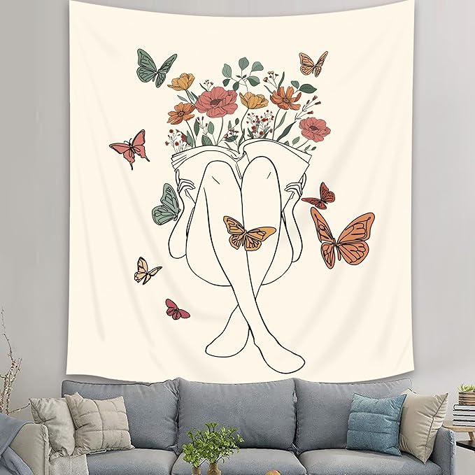SVBright Abstract Woman Fabric Wall Hanging Tapestry 51Wx59H Inch Boho Butterfly Floral Reading Book Minimalist Aesthetic Modern Simple Line Sketch Beige Home Decor Art for Living Room Bedroom Dorm