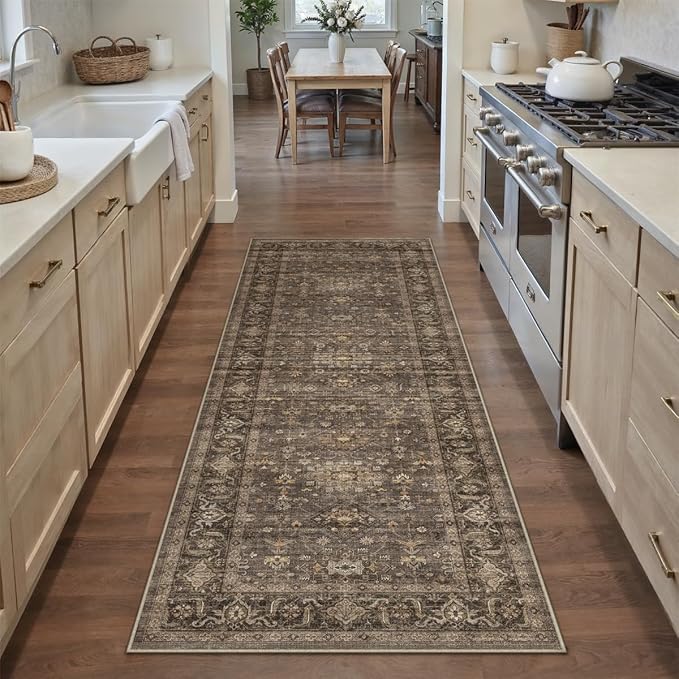 2x5 Washable Runner Rug for Hallway Kitchen Vintage Brown Non Slip Low Pile Carpet Traditional Retro Soft Throw Rug for Bathroom Bedroom Entryway Indoor Entrance