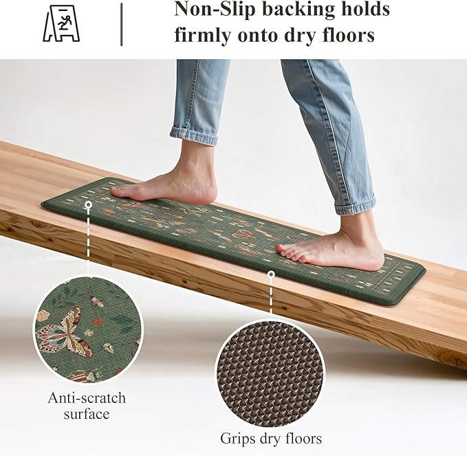LEEVAN Anti Fatigue Mats for Kitchen Floor Non-Slip, Cushioned Kitchen Mats for Floor 20''x31''+20''x47'', Green Memory Foam Kitchen Mat Set