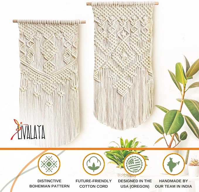 LIVALAYA Boho Macrame Wall Hanging Woven Decor, 24”L x 13”W, Set of 2, Beige wall decor Modern Bohemian Farmhouse woven wall hangings for House Apartment Dorm Room, Nursery, Geometric Aztec Décor