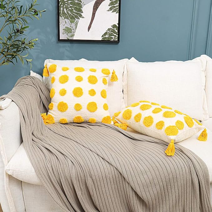 PLWORLD Boho Yellow Lumbar Throw Pillow Cover 12x20 Inch with Tassels, Pom Pom Tufted Cream Chenille Fabric Small Accent Textured Cushion Case for Bed Couch, 1 PC Cover Only No Insert