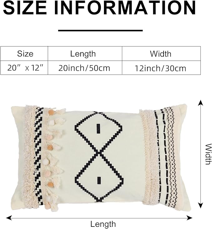 Boho Lumbar Pillow Cover with Tessels 12x 20, Pompom Geometric Woven Tufted Ethnic Decorative Linen Pillow Cushion Case, Cream Decorative Pillows for Bed, Outdoor Couch Car