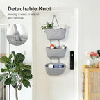 DULLEMELO Wall Hanging Basket for Home Decor 3-Tier Woven Cotton Wall-Mounted Hanging Storage Basket, Decorative Woven Storage Basket with Door Hooks, Gray