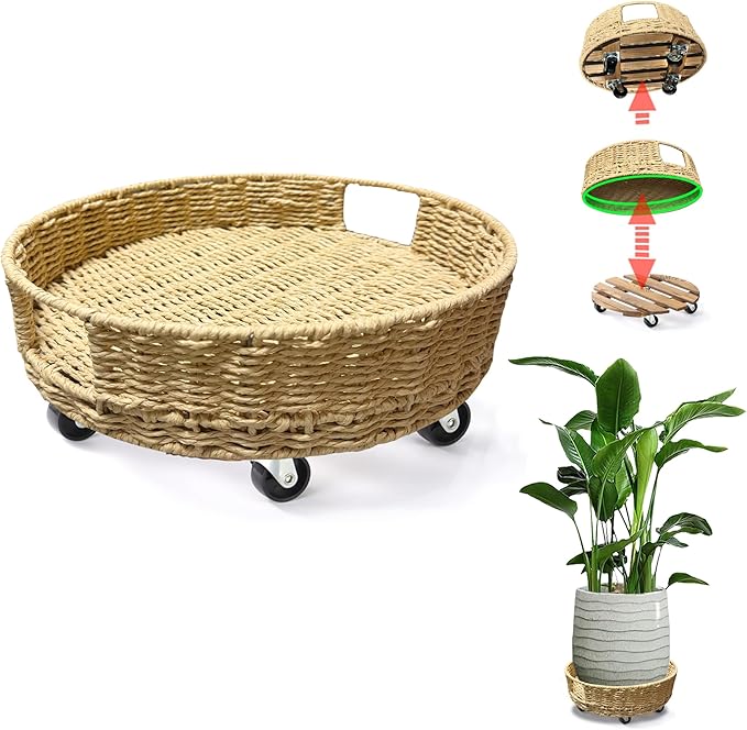 Outdoor Rattan Plant Stand Round Trays Planter Caddy with Wheels, Indoor Wooden Flower pots Table Decor Wicker Basket (Paper Rope)