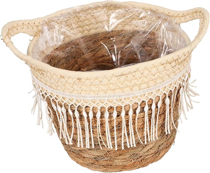 DECHOUS Woven Plant Pot Basket with Tassel Boho Style Planter for Indoor Outdoor Use Compact Decorative Flower Holder and Storage Basket Farmhouse Floral Decor Gift