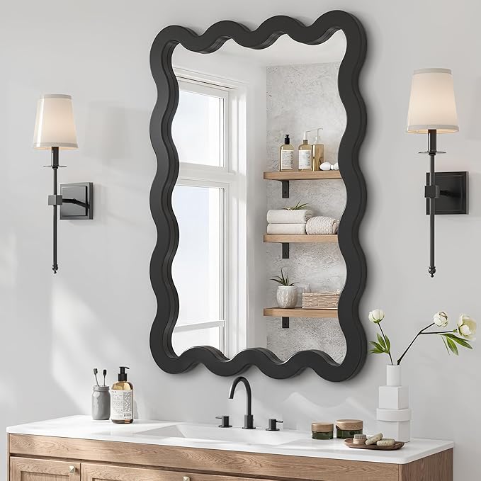 22"x30" Matte Black Wavy Wall Mirror for Powder Room & Vanity, Solid Wood Squiggle Mirror, Small Asymmetrical Irregular Mirror, Funky Aesthetic Decor, Vertical/Horizontal