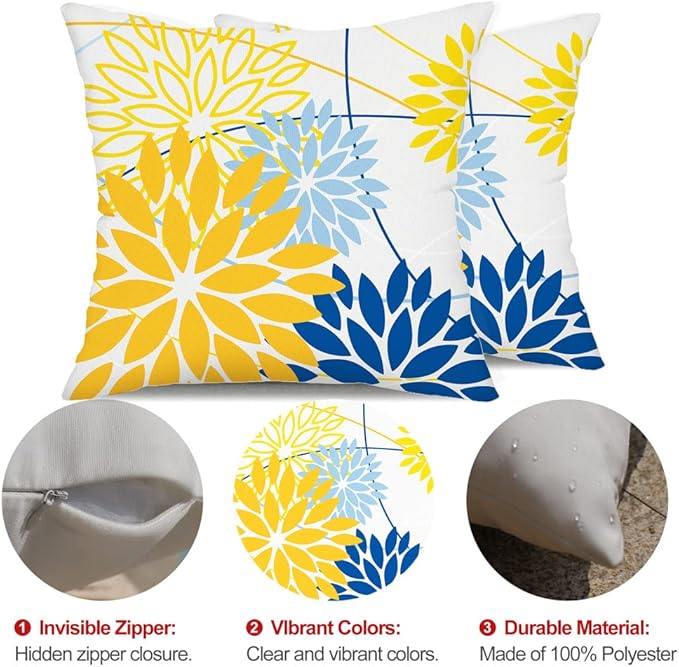 DFXSZ Yellow Blue Outdoor Pillow Cover 16X16 Inch Set of 2 Outdoor Waterproof Summer Floral Yellow Decorative Pillow case Decor for Couch Patio Funiture Garden Print Polyester Cushion Cover 01J16
