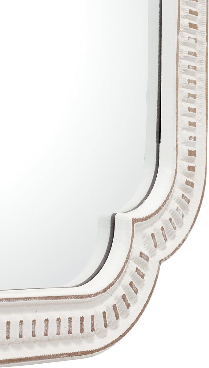 Rustic White Mirrors for Bathroom 24" X 36", Hanging Distressed Finish Carved Wood Scalloped Farmhouse Wall Mirror, Decorative Arched Corner Vintage Mirror, Boho Rectangular Mirrors