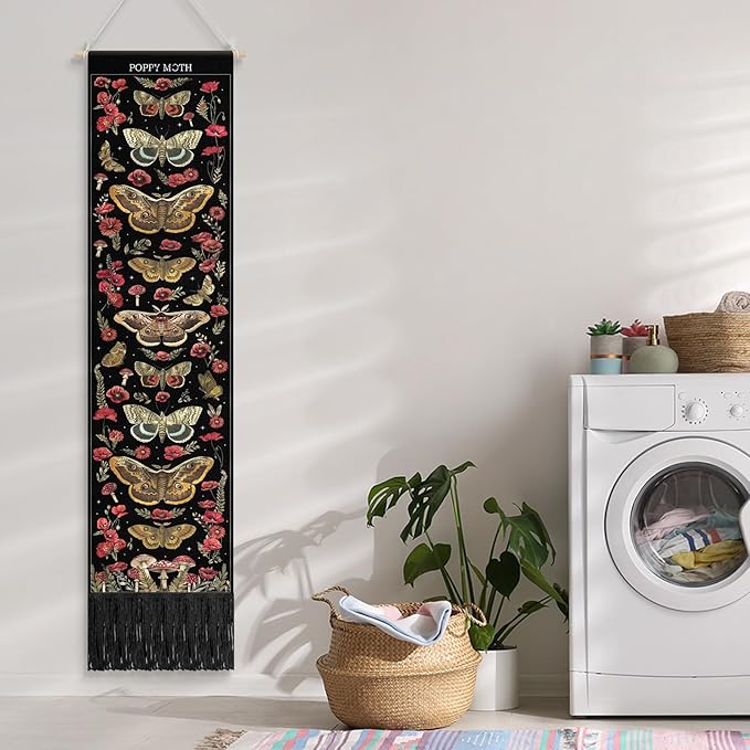 Tegeme Vintage Tapestry 52 x 13 Inch, Long Vertical Wall Hanging Reference Illustrative Botanical Insect Tassel Tapestry for Bedroom Living Room Home Decoration (Poppy Moth)