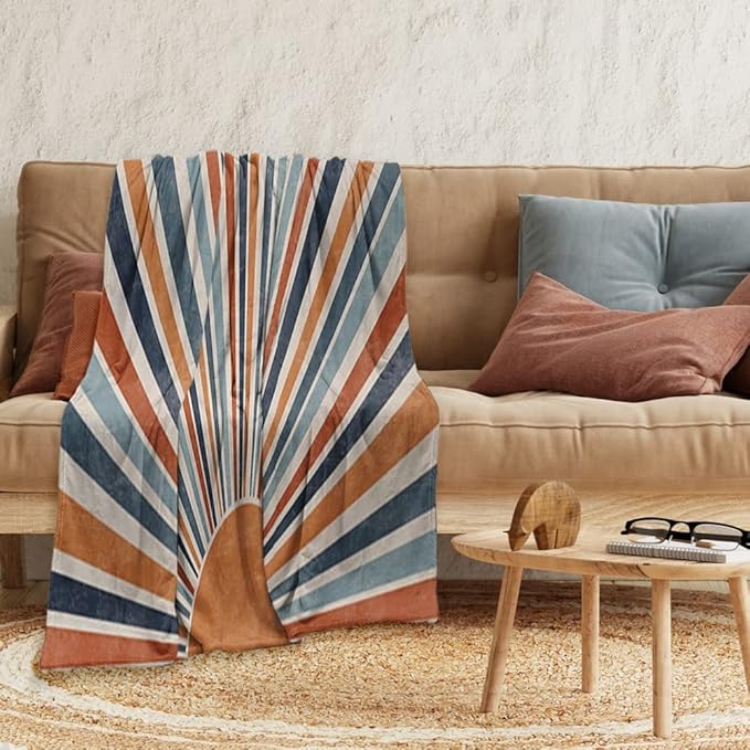 Boho Colorful Sunrise Throws Blankets Abstract Mid Century Modern Throw Blanket Minimalist Sun Boho Leaves Aesthetic Soft Warm Bed Bedding Women Blankets for Couch Bedroom Office 70"x80"