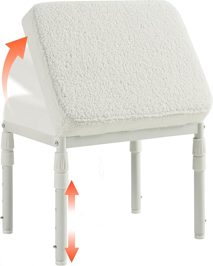 Adjustable Ottoman Pouf, 4 Height Position & 60 Degree Tilt Angle Teddy Bear Fleece Ottomans Foot Stools Pouffe Footstool for Under Desk for Living Room Home Office(Beige Fleece)