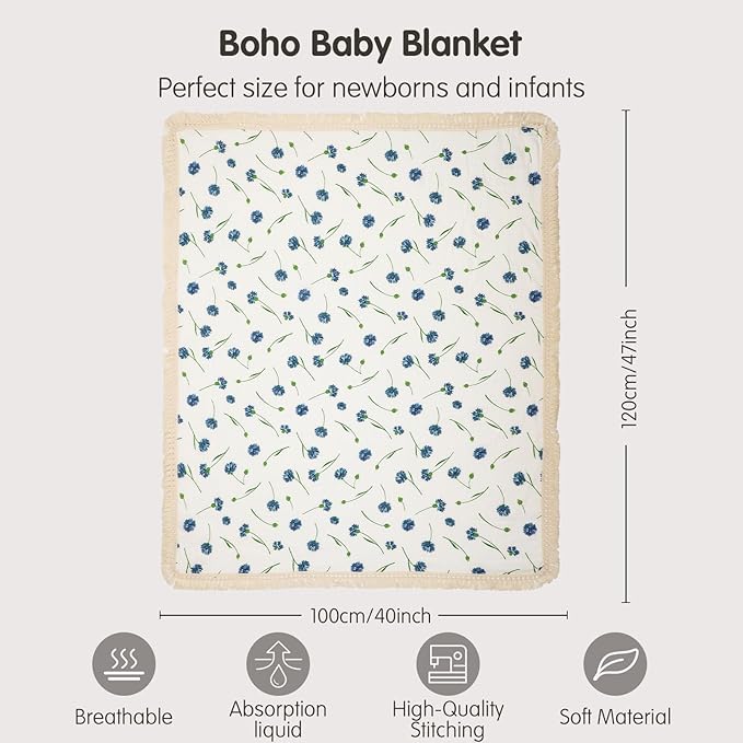 insular Cotton Muslin Baby Blanket with Tassel, Boho Bohemian Muslin Swaddle Blanket Baby Receiving Blanket with Fringe, Nursery Decor Throw or Nursing Blankets, 47" x40”, Blue Dandelion