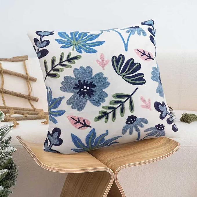 Embroidered Floral Boho Throw Pillow Cover 18x18 Inch - Decorative Cotton Pillow Case for Couch, Sofa, Bedroom, Living Room - Farmhouse Home Aesthetic Housewarming Gifts (Blue Serenity, 18" x 18")
