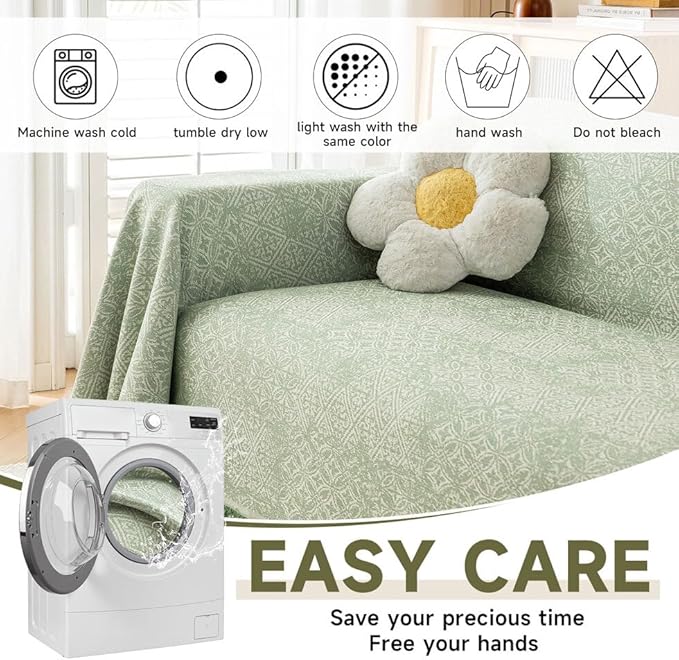 ROOMLIFE Green Sofa Cover, Vintage Boho Couch Cover for 3 Cushion Sofa, Soft Breathable Sofa Cover for Dog, Washable Furniture Sofa Protector Cover Blanket with Tassel for Living Room, 71 '' X 150''