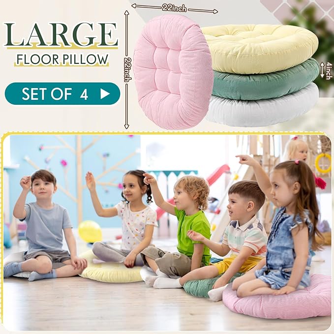 Jerify Floor Pillow Cushions Large Round Square Large Meditation Floor Pillow for Classroom Adult Meditation Picnic Party Seating Learning Daycare School(Round,Macaroon,4 Pcs)