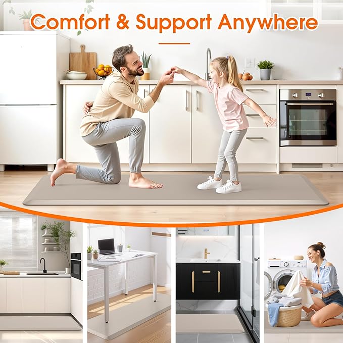 Kitchen Mat, Cushioned Thick Floor Comfort Mat, with Non-Slip Bottom, Waterproof & Stain Resistant & Easy Clean, Standing Desk Mat for Kitchen, Sink, Office (17.3''x60'', Khaki)