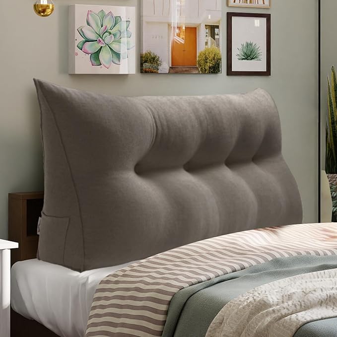 WOWMAX 80% Cotton & 20% Linen Blend Headboard Pillow – Full Size Reading Wedge Backrest for Bed, Handmade Firm Support Bolster Cushion with Removable Cover, Premium Bed Rest Pillow, Light Gray
