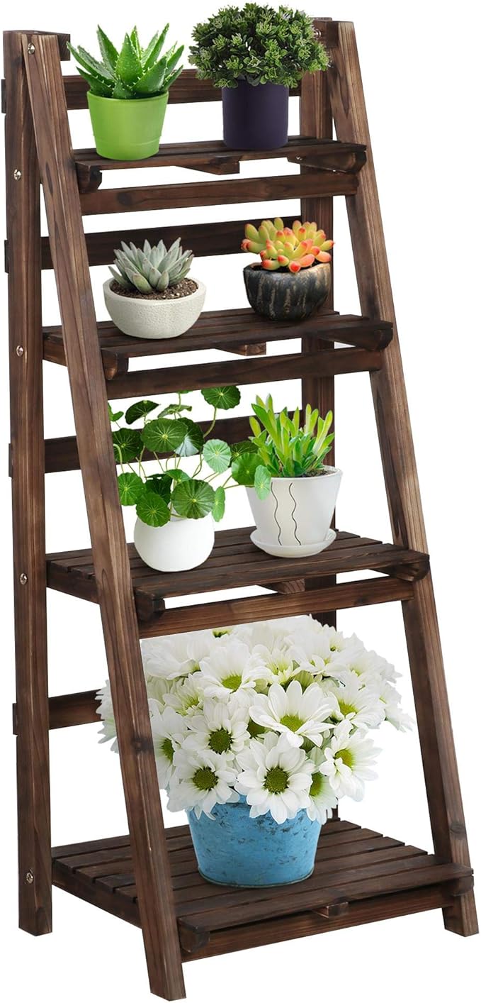 Yaheetech Wooden Foldable Ladder Shelf 4-Tier Magazine Holder Book Rack Plant Stand Folding Flower Display Pot Decorative Storage Free Standing Indoors/Outdoors Rustic No Assembly Required Brown