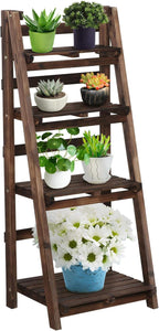 Yaheetech Wooden Foldable Ladder Shelf 4-Tier Magazine Holder Book Rack Plant Stand Folding Flower Display Pot Decorative Storage Free Standing Indoors/Outdoors Rustic No Assembly Required Brown