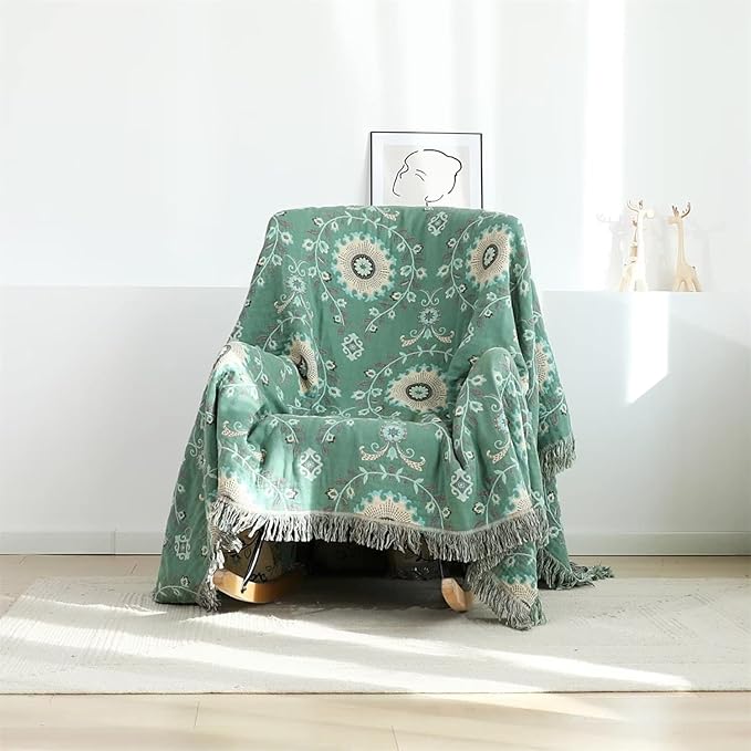 Boho Throw Blanket for Bed 100% Cotton Ultra Soft Rustic Quilt Spring Blanket Floral Printed Farmhouse Decor Bed Blankets,80"x90" All Season Rustic Throw for Sofa Couch Chair