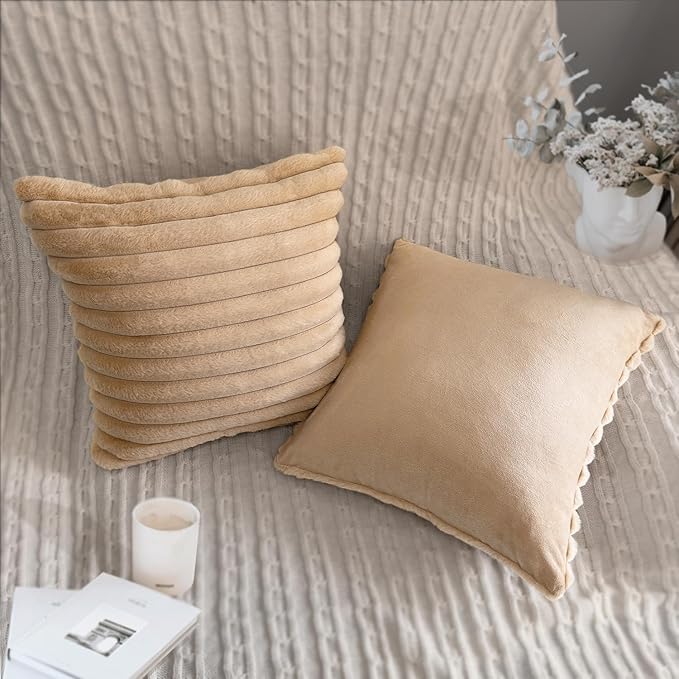 2 Pack 24x24 Pillow Cover Velvet Pillow Covers, Faux Fur Square Throw Pillow Covers for Living Room Decorations Throw Pillow Case, Throw Pillow Cover Cushion Cover for Home Sofa Bedroom Car, Khaki